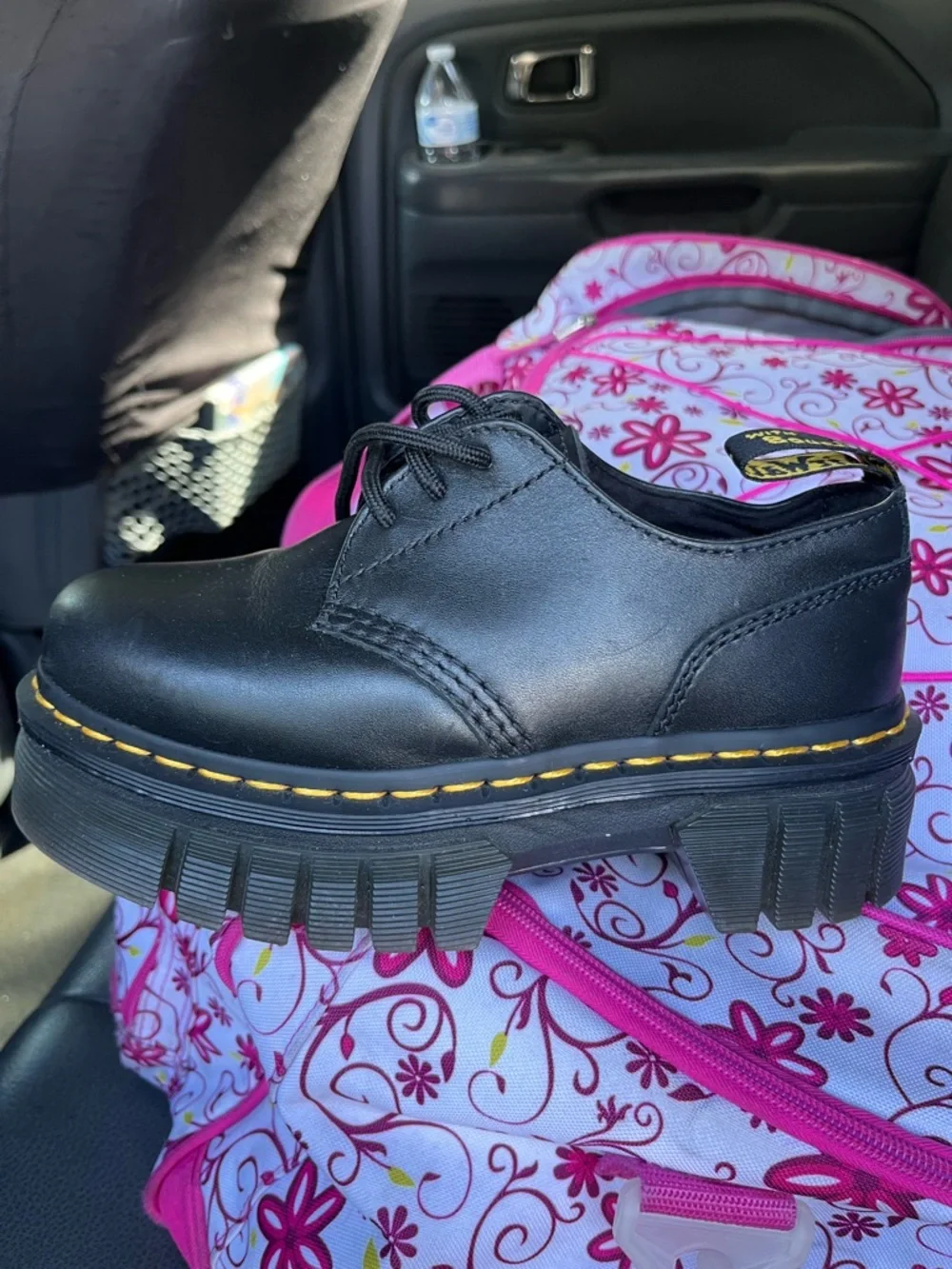 Dr. Martens Kids Black Leather Moccasin Lace-Up Shoes with Yellow Stitching
